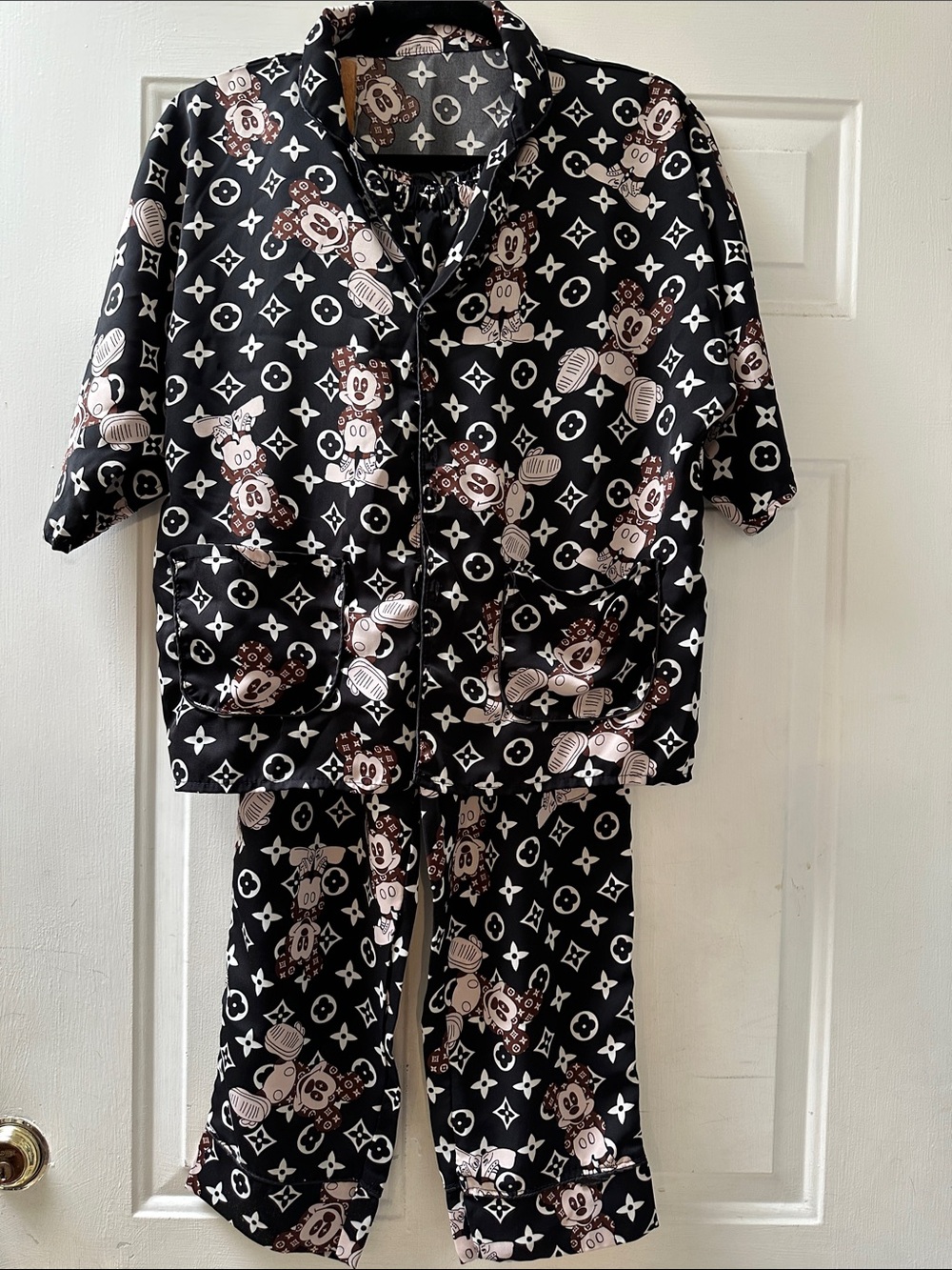 Women’s  Black and Beige Cartoon-Print Button Up Shirt & Pants PJ /Loungewear